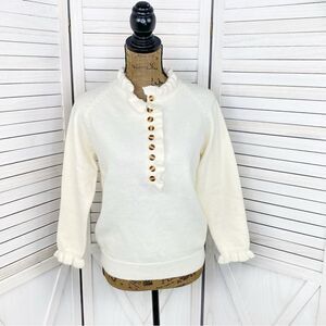 C+D+M Ruffle Trim Half Button Pullover Sweater Ivory Small Coquette Victorian